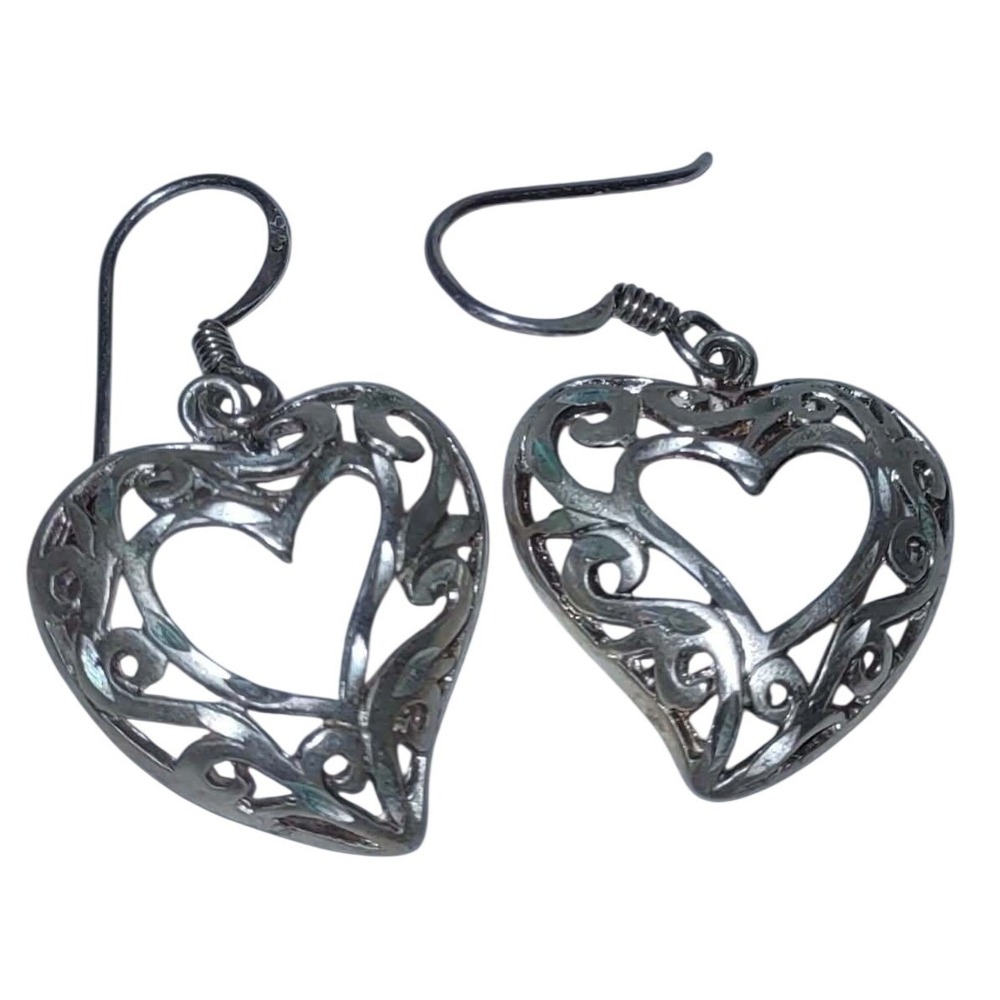Sterling Silver 925 Filigree Openwork Heart Dangle Earrings French Hook 3.74g